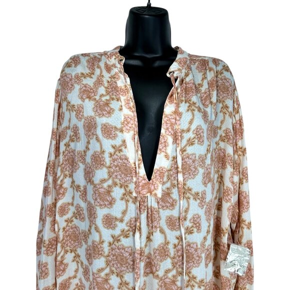 FREE PEOPLE Mia Tunic Top Sz M Pink Beige Floral VNeck Tie Front Viscose Woven - Picture 6 of 16